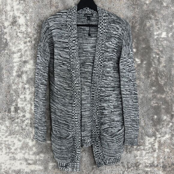 Express Size S Open Front Knit Cardigan Sweater Black White Long Sleeve Pockets - Picture 1 of 8